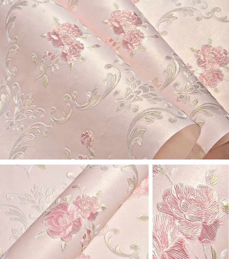 GLOW4U Embossed Rose Floral Contact Paper Self Adhesive Non-Woven Wallpaper Peel and Stick Wall Decor for Girls Living Room Bedroom Kitchen Bathroom Wall (Pink, 20.83" x 117") - Image 1